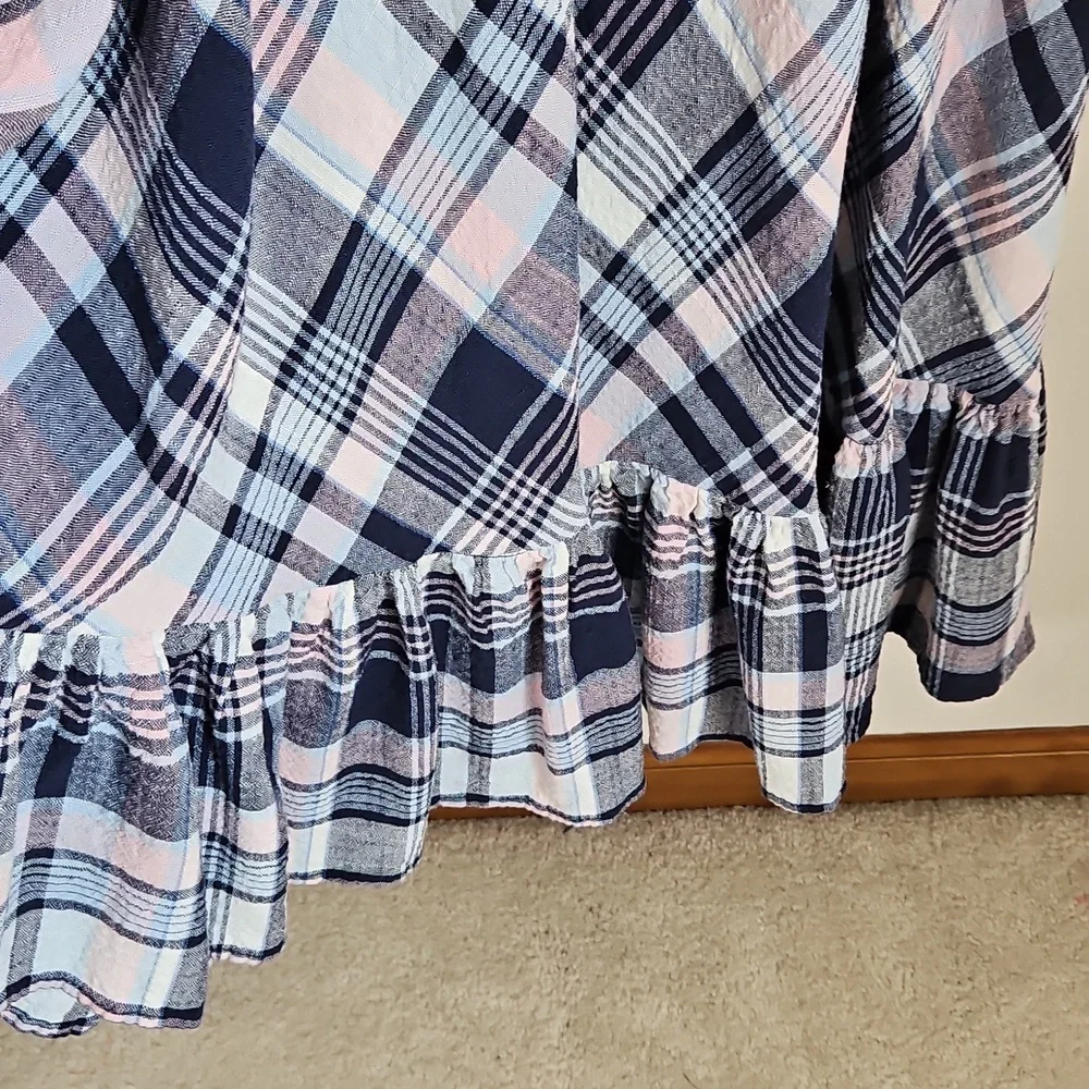 52seven SZ16 Linen Blend Maxi Dress Plaid Smocked Ruffle Tier Cottage Prairie